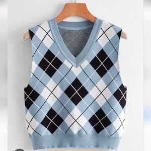 SHEIN Argyle Crop Sweater Vest Size M 8/10 Blue Gray 2984-ad